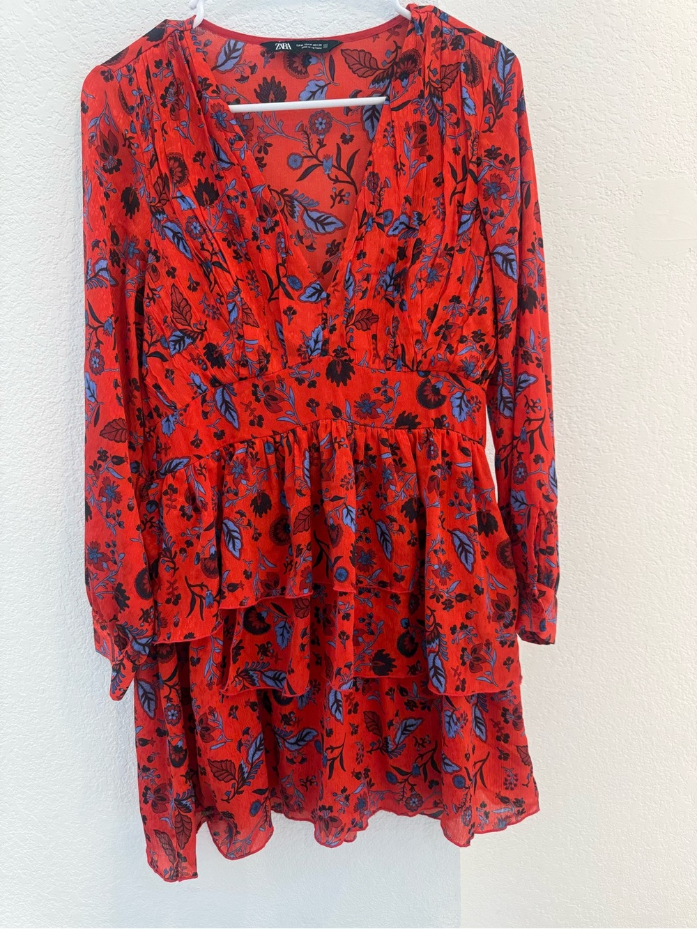 Zara Red Floral V-Neck Long Sleeve Tiered Dress